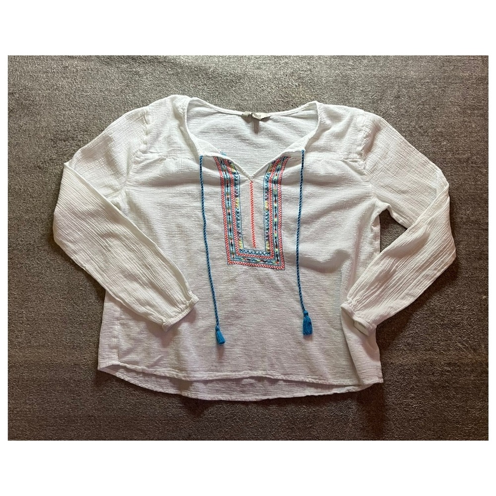 Decree White Cotton Embroidered Peasant Blouse Tassel Boho Top Large Folk